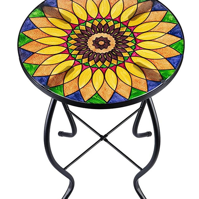 Outdoor Side Table Mosaic End Table Patio Side Table Small End Table Glass Top Round Balcony Coffee Table Porch Indoor Glass Top