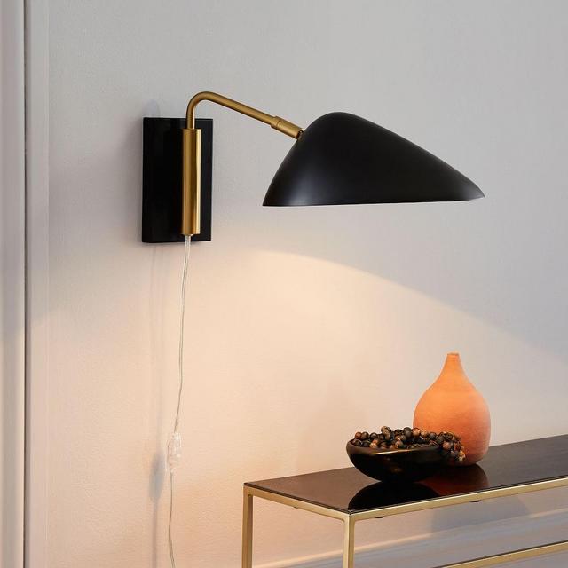 New Curvilinear Mid-Century Sconce, Short Arm, Black + Brass, Set of 2