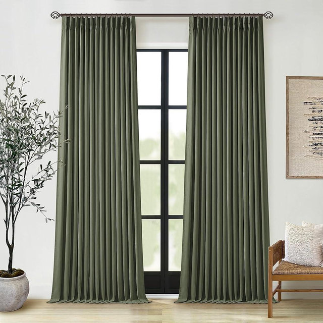 Olive Green Pleated Linen Blackout Curtains 90 Inches Long for Bedroom Living Room Pinch Pleat Black Out Thermal Insulated Ring Hooks Back Tab Room Darkening Drapes Dark Green Curtains with Liner