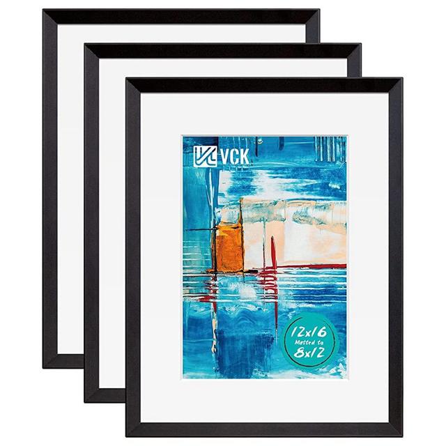 VCK 12X16 Aluminum Black Picture Frames with Real High Definition Glass, 3 Pack Metal Poster Frame with Mat for 8x12 Picture or 12x16 without Mat
