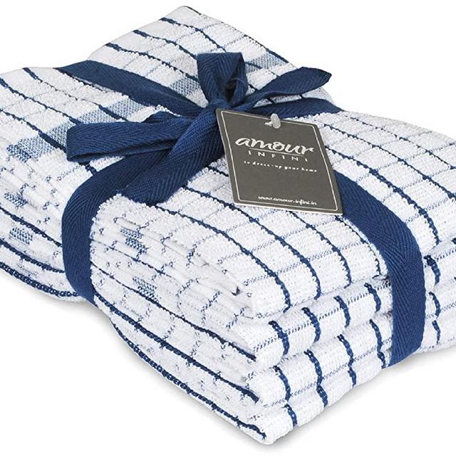AMOUR INFINI Terry Kitchen Towels | Set of 4 | 20 x 28 Inches | Super Plush and Absorbent |100% Cotton Dish Towels with Hanging Loop | Perfect for Kitchen and Household Uses | Blue
