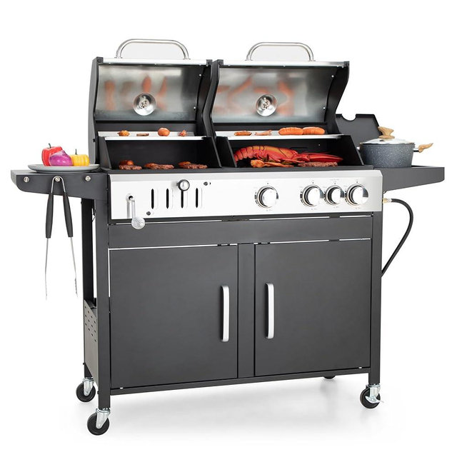 Captiva Designs Propane Gas Grill and Charcoal Grill Combo with Side Burner & Porcelain-Enameled Cast Iron Grate, Dual Fuel BBQ Grill for Outdoor Kitchen & Backyard Barbecue, 690 SQIN Cooking Area