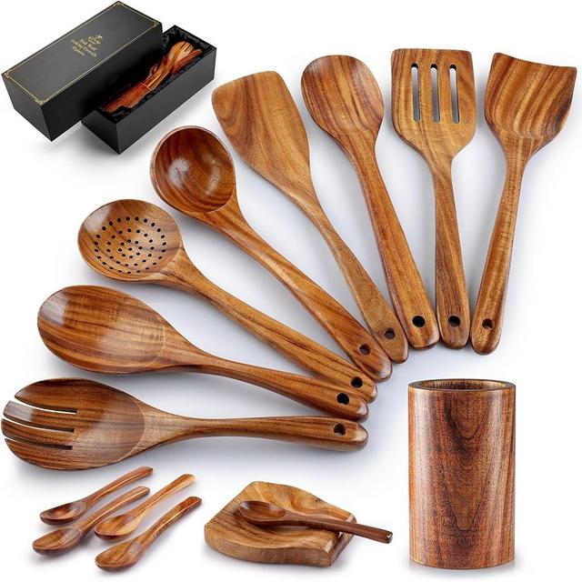 Zulay Kitchen 15-Piece Teak Wooden Utensils for Cooking - Natural Teak Utensil Set with Premium Gift Box - Non-Stick Wooden Spoons for Cooking - Kitchen Gift Set - Comfortable Grip Wooden Utensil Set