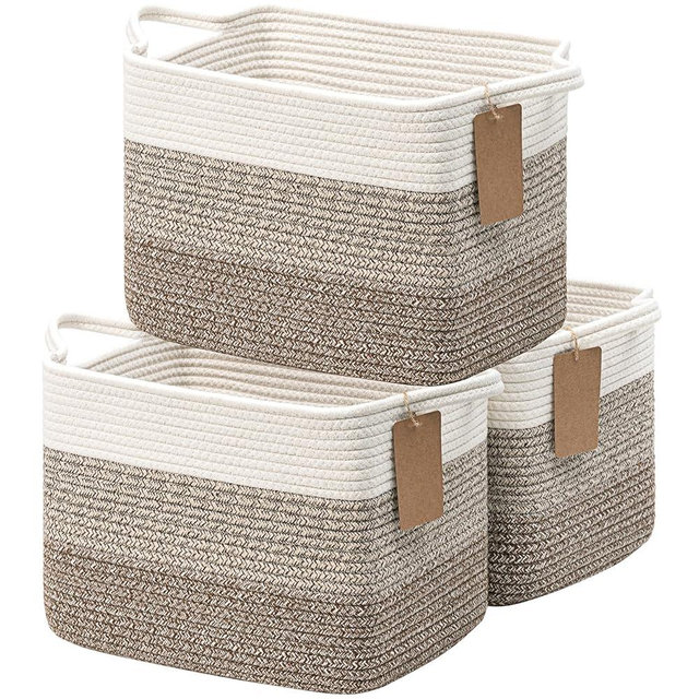 Goodpick Baskets for Organizing, Woven Storage Baskets for Shelves, Baby Gift Basket for Nursery, Toy Baskets Storage Kids, Decorative Basket 3 Pack, White & Brown, 13 x 10 x 9 Inches