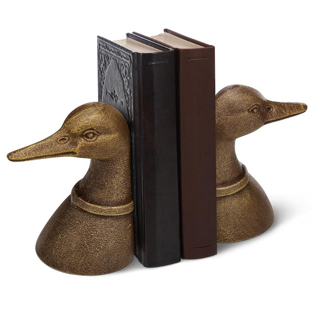 wearage Decorative Distressed Cast Metal Duck Head Bookends, Metal Duck Book Ends for Shelves, 4.25 x 3 x 5.75 Inches, Vintage Brass Color, Rustic Vintage Home Office Organizer Set of 2