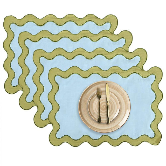 MIKI WELL Placemats Set of 4, 13 x 19 Inch Cotton Table Placemats Washable Heat Resistant Woven Table Mats for Table Decor, Boho Scallop Embroidered Placemats (Blue)