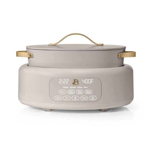 Beautiful 10-in-1 Electric Multi-Cooker by Drew Barrymore, 6-quart, digital display, 10 cooking functions, non-stick pot, easy one-touch control (Porcini Taupe)