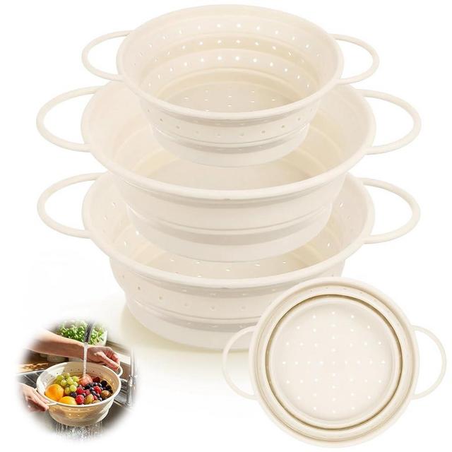 Afarnook 3 Pack Collapsible Colander with Strainer Bowl Set, 11 & 13 In BPA-Free Silicone Colanders for Kitchen, Heat-Resistant Strainer Dishwasher Safe Baskets for Vegetable Fruits(White)