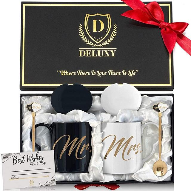DELUXY Mr and Mrs Coffee Mugs Set- Perfect Bridal Shower Gifts For Bride, Wedding Gifts For Couple, Engagement Gifts For Her, Anniversary, Mr and Mrs Gifts, Newlywed Gift - Custom Spoon & Gift Card
