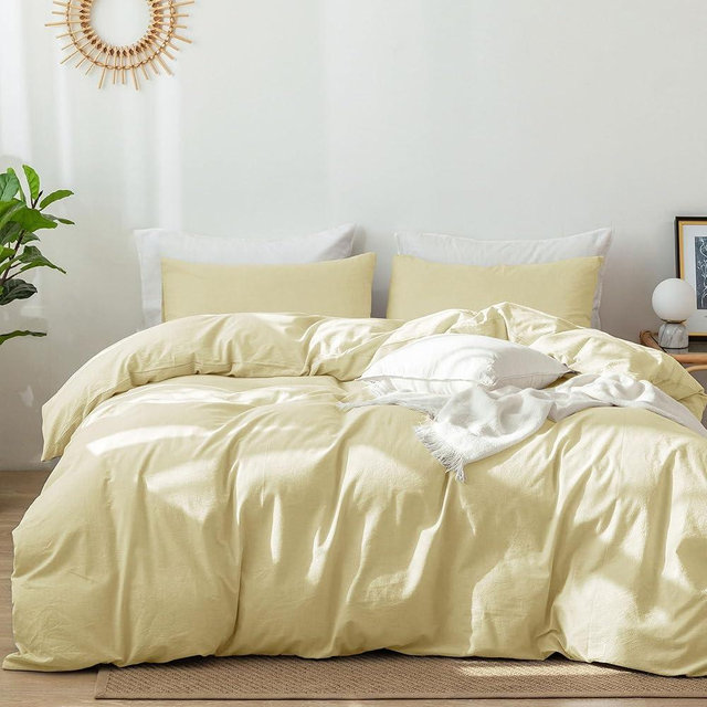 MooMee Bedding Duvet Cover Set 100% Washed Cotton Linen Like Textured Breathable Durable Soft Comfy (Heathered Butter Yellow, King 104"x90")
