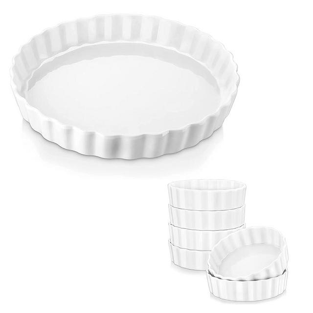 LOVECASA 10 Inch Porcelain Quiche Baking Dish Bundle 7 Oz Shallow Creme Brulee Ramekins, Set of 6
