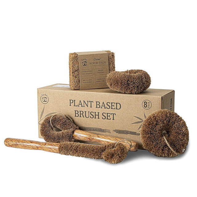 CocoNat, Natural Coconut Srub Brush Set of 8, Cleaning Brush with Handle for Dish, Bottle, Vegetable, Pan, Pot, Planted Based Coconut Fibers, 8 pcs Kitchen Tool, Sturdy, Deep Cleaning