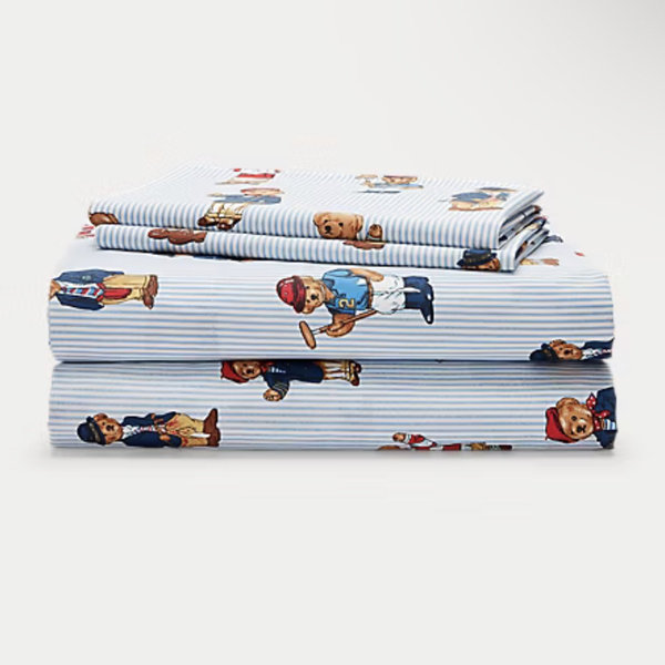 Blue Polo Ralph Lauren Teddy Bear Stripe Sheet Set Queen