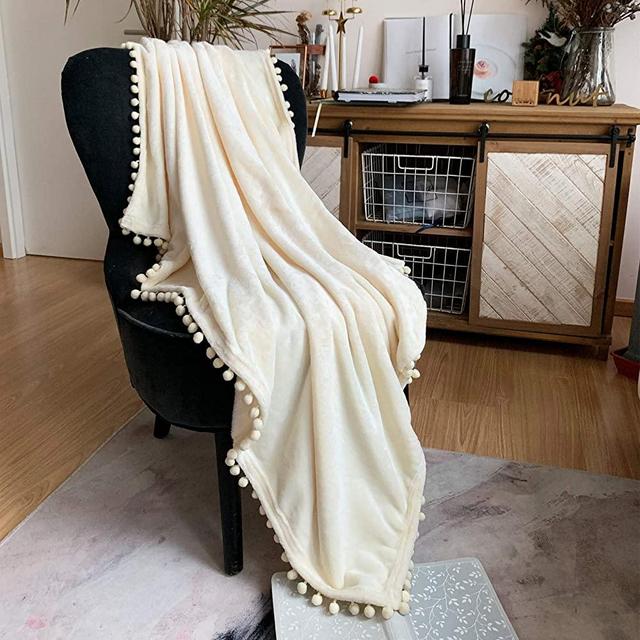 LOMAO Flannel Blanket with Pompom Fringe Lightweight Cozy Bed Blanket Soft Throw Blanket fit Couch Sofa Suitable for All Season (Ivory, 90''x90'')