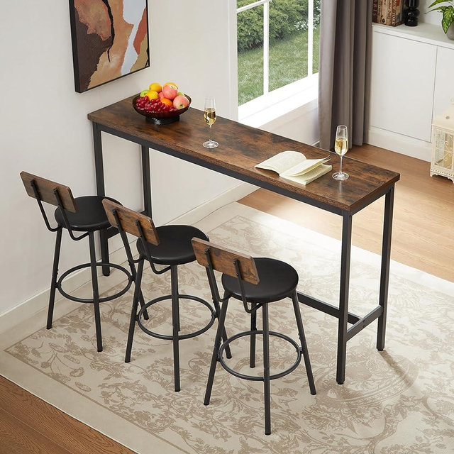 Tmsan 63" L Bar Table and Chairs Set for 3, 4 Piece Long Rectangle Pub Bistro Table with 3 PU Upholstered Bar Stools, Counter Height Dining Table Set for Kitchen Restaurant (Brown)