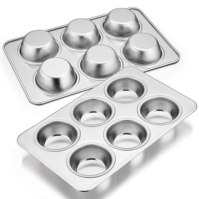 Muffin Pan Set of 2, E-far Stainless Steel Muffin Pan Tin for Baking, 6-Cup Metal Cupcake Pan Tray, Non-toxic & Healthy, Oven & Dishwasher Safe, Regular Size - 11.44 x 7.12 x 1.25 inch