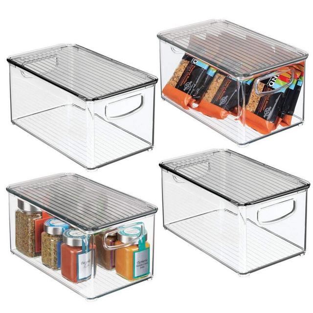 mDesign Plastic Stackable Kitchen Pantry Cabinet, Refrigerator, Freezer Food Storage Bin Box with Handles, Lid - Organizer for Fruit, Yogurt, Snacks, Pasta - 10" Long, 4 Pack - Clear/Smoke Gray