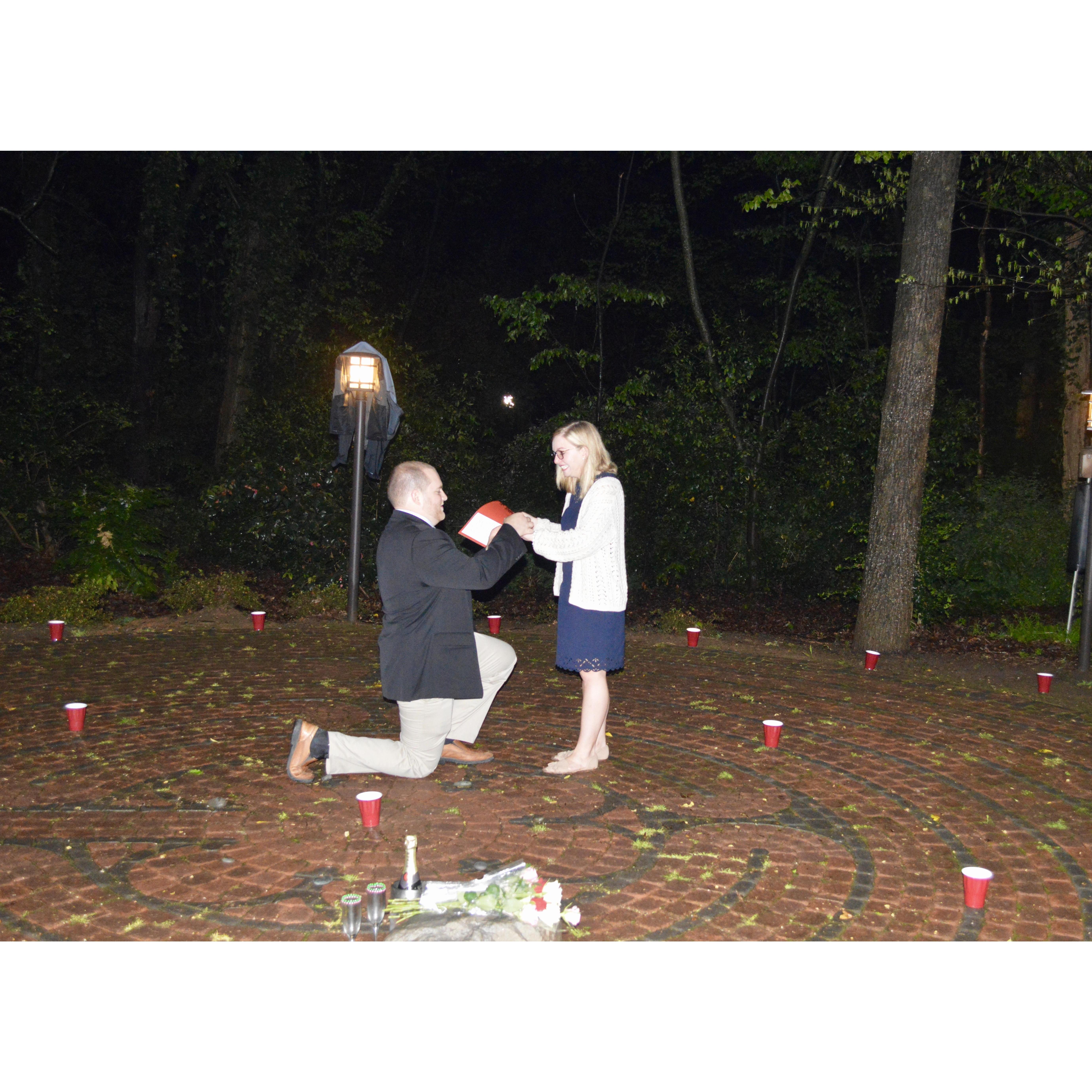 Our engagement! Eric surprised me on my birthday by taking me to our favorite place on campus, the Labyrinth. Unbeknowst to me, our amazing friends, all  in our wedding, decorated the Labyrinth.