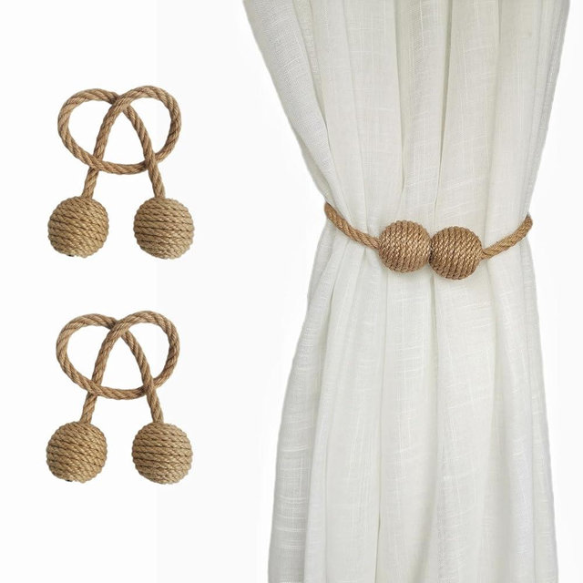 Elkpruu 2pcs Magnetic Rope Curtain Tiebacks, NO-Hooks for Thin or Thick Window Draperies, Decorative Curtain Holdbacks Clips for Boho Room Decor, Farmhouse Style Outdoor Curtain Holders