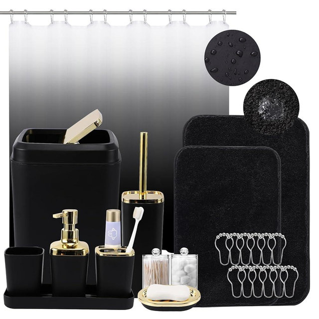 XLHOMO Bathroom Set - Black Bathroom Accessories Set, Bathroom Sets with Shower Curtain and Rugs, 24PC Shower Curtain Set with Hooks, Soap Dispenser, Soap Dish, Toilet Brush Holder, and Trash Can
