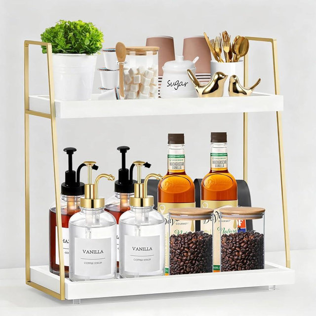 2087 Coffee Bar Organizer for Countertop, Multifunctional Coffee Station Organizer for Accessories Storage, 2 Tier Wooden Shelf for Coffeebar, Countertop, Corner