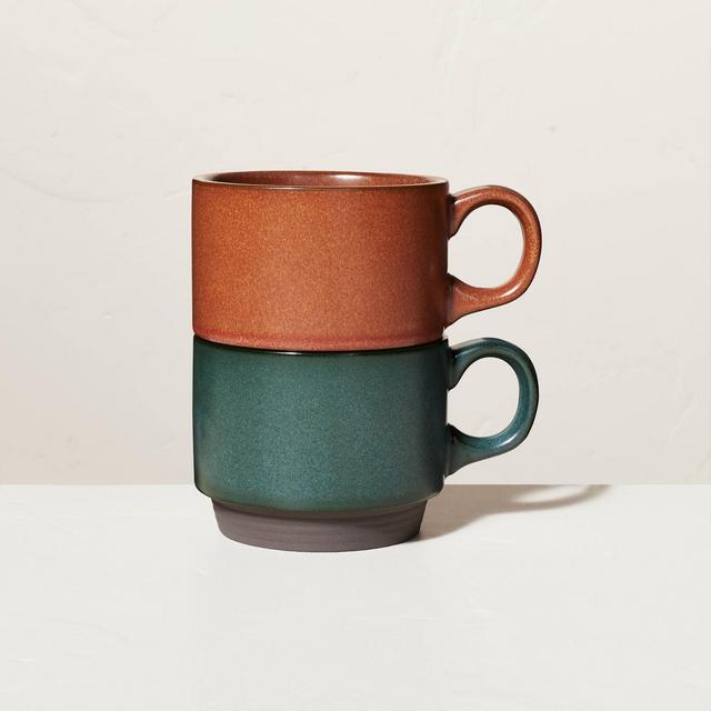 13oz Solid Stackable Stoneware Mug Set Dark Green & Cinnamon - Hearth & Hand™ with Magnolia
