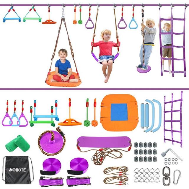 AOBOTE Ninja Warrior Obstacle Course for Kids,2x56ft Slackline with 12 Accessories,Saucer Swing with 360 Degree Rotating Wheel,Ninja Course for Kids Outside(AB010001-3)