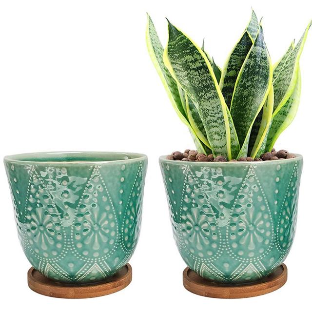 Unique Planters Garden Pot Green Glaze Ceramic Flower Pots Indoor Set of 2 with Drainage Bamboo Tray