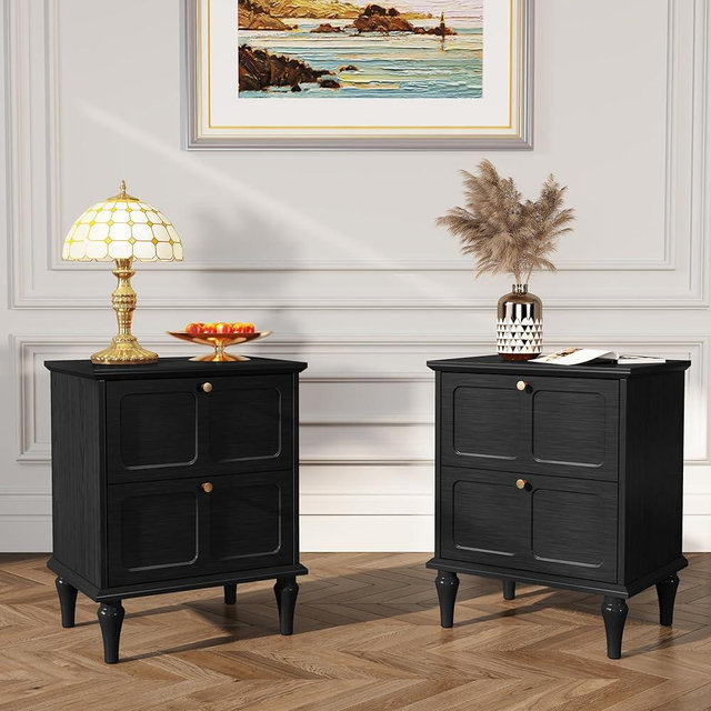 ARTPOWER Mid-Century Modern Nightstand Set of 2, with Storage Drawers and Solid Wood Legs, Wood End Table with Gold Metal Handle, Black Night Stands for Bedroom