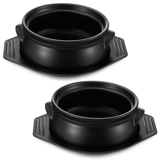 Kritkin 2 Pcs Korean Stone Pot Clay Cooking Pot Set Ceramic Sizzling Hot Bowl Korean Bibimbap Soup Dolsot Bowl for Ttukbaegi and Koreans Stew (38 oz,Without Lid)