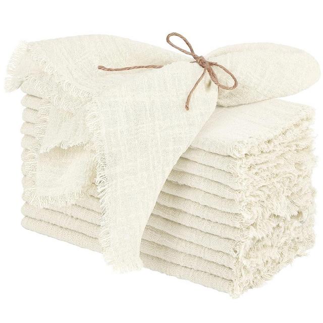 TURSTIN 12 Pieces Cotton Linen Cloth Napkin Handmade Cloth Napkin with Fringe 17 x 17 Inch Soft Cloth Dinner Wedding Napkin Square Rustic Fringe Napkin for Dinners, Parties, Weddings, Ivory