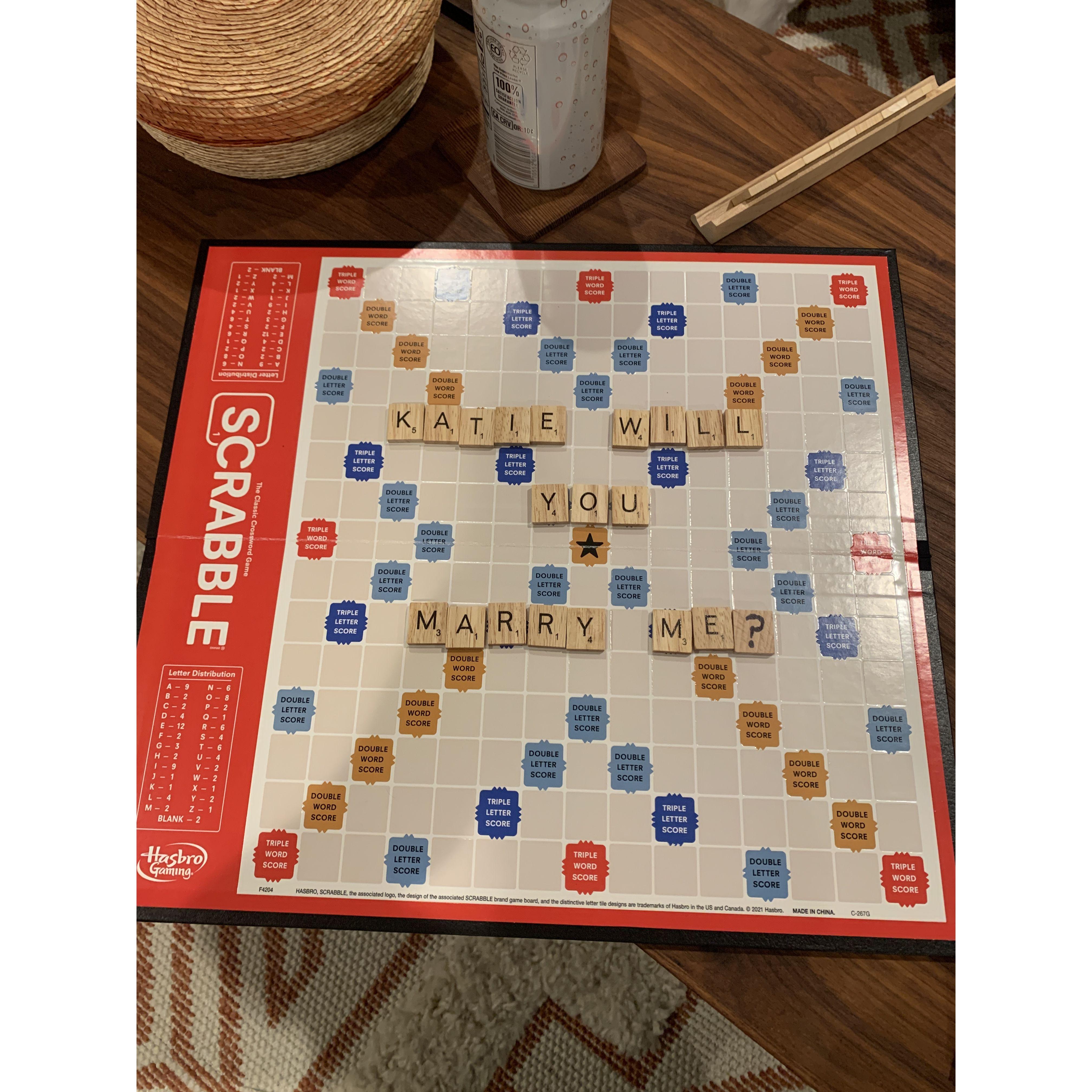 The scrabble board he proposed with :)