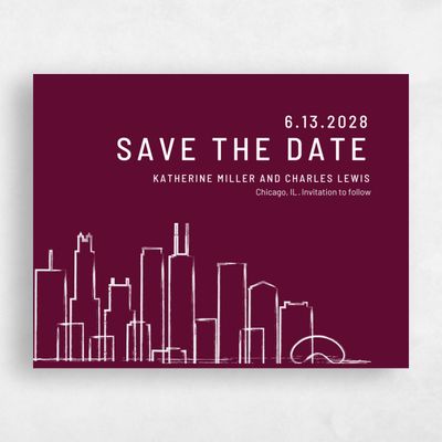 Burgundy, Red Wedding Save the Date - Chicago Skyline