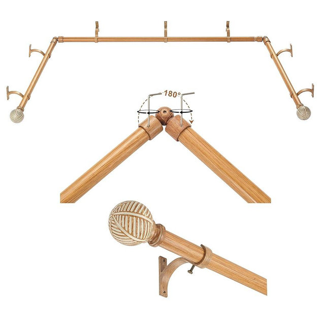 Corner Curtain Rod for Windows 36 to 72 Inch(Center Rod),20 to 36 Inch Side Rods for windows,1 Inch Bay Window Curtain Rods with Aluminum Brackets and Imitation Wood Grain Leaf Pattern Finials,Brown
