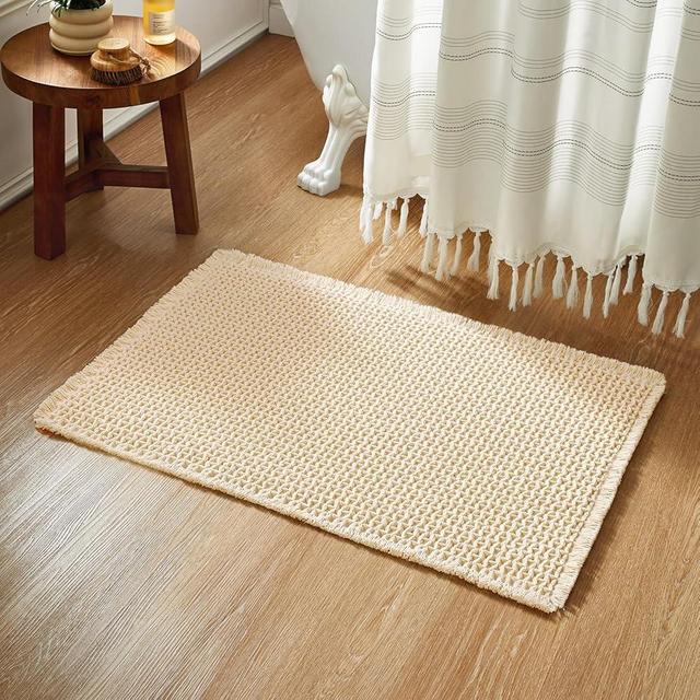 TYUU Bathroom Rugs, Super Absorbent Non Slip Bath Mat Quick Dry Bath Rugs Washable Boho Farmhouse Bathroom Rugs for Bathroom with Non Slip Rug Pad, Light Yellow 36"x24"