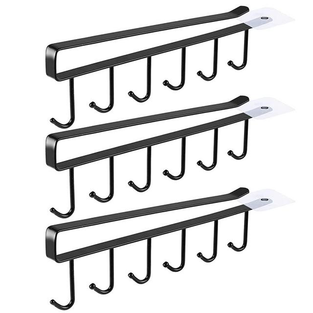 3pcs x 6 Hook Under Cabinet Mug Hanger - Adhesive Cup Holder Hanger Under Cabinet - Coffee Cup Mug Holder Hanger for Kitchen - Fit for 1 Inch Thickness Shelf or Less (Black)