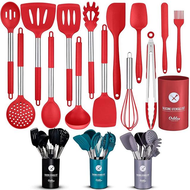 Orblue Silicone Cooking Utensil Set, 14-Piece Kitchen Utensils with Holder,  Safe Food-Grade Silicone Heads and Stainless Steel Handles with Heat-Proof  Silicone Handle Covers, Red 