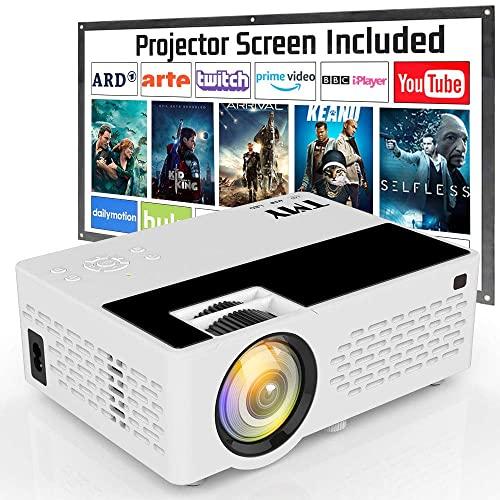 TMY Projector, 4500 Lux Video Projector Full HD 1080P Supported [Projection Screen Included], HD Native 720P Mini Projector Compatible with TV Stick HDMI USB VGA TF TV Stick DVD for Home Cinema.