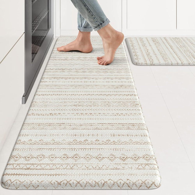 KIMODE Kitchen Mats Cushioned Anti Fatigue, Farmhouse Kitchen Rugs Sets of 2, Memory Foam Kitchen Mats for Floor, Waterproof Standing Mat for Kitchen Decor Laundry Office Desk Khaki 17"x47"+17"x29"
