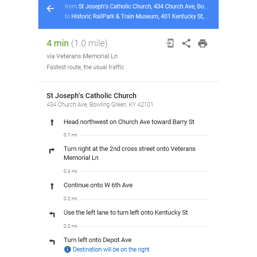 Directions from St. Joseph Church to Historic Rail Park