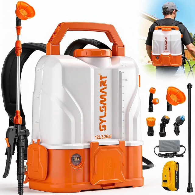 Sylsmart Battery Powered Backpack Sprayer 3.2 Gallon, 100 PSI Electric Backpack Sprayer, Compatible with DeWalt 20V Battery, 0.9 GPM High Flow Garden Sprayer with 2 Wands & 5 Nozzles for Lawn Yard