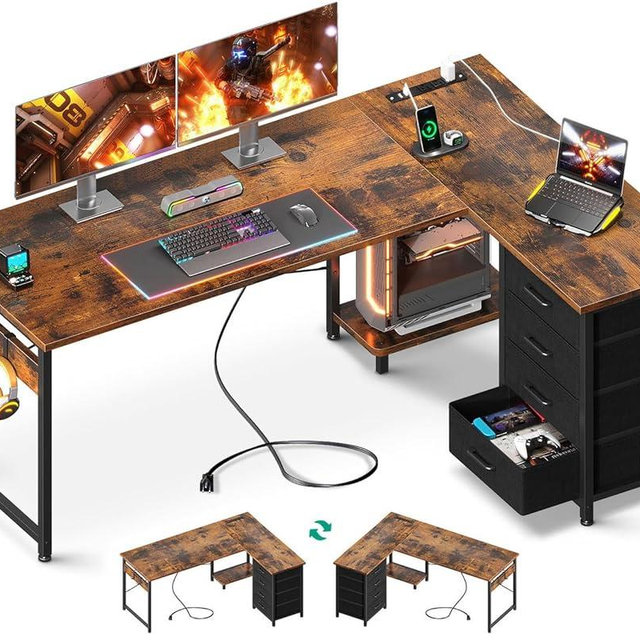 AODK L Shaped Desk with 4 Tier Drawers, 61" Reversible Gaming Desk with Power Outlets, L Shaped Computer Table with USB Charging Port and Host Stand, Home Office Table, Easy to Assemble, Vintage