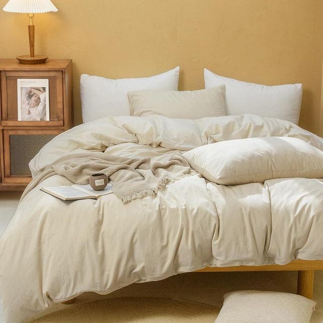 FOSSA Duvet Cover Set 100% Washed Cotton Linen Feel Super Soft Breathable Cozy 3 Pieces Bedding Sets Solid Almond Grey Full/Double