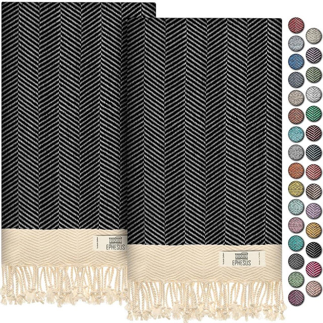 EPHESUS TOWELS Hand Towels - Set of 2 | 18" x 30" - Decorative Turkish Hand Towel for Bathroom, Kitchen, Guest, Face, Hair, Tea, Dishcloth (Herringbone, Black)