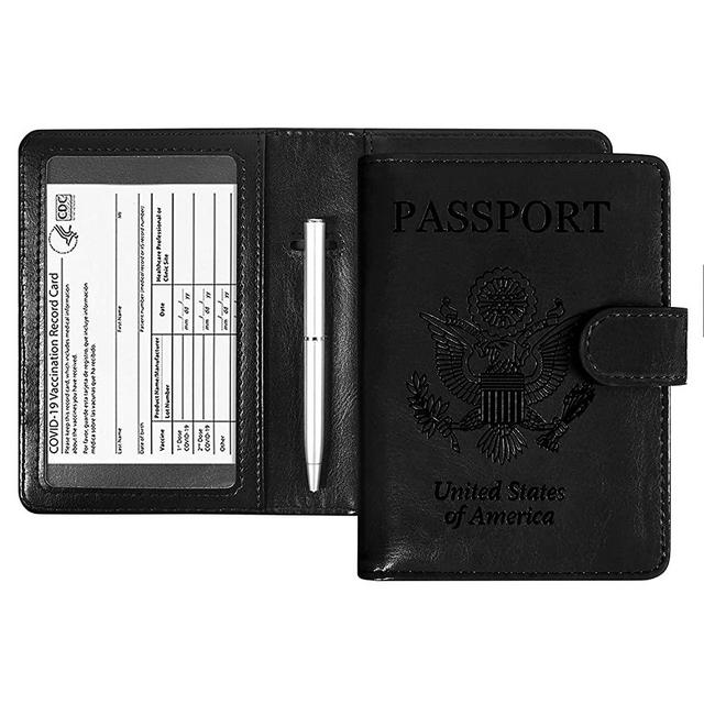 ACdream Passport and Vaccine Card Holder Combo, Cover Case with CDC Vaccination Card Slot, Leather Travel Documents Organizer Protector, with RFID Blocking, for Women and Men- Black