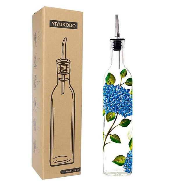 YIYUKODO 17oz Hand Painted Glass Olive Oil Bottle - 500ml Green Oil & Vinegar Cruet with Pourers and Funnel - Olive Oil Carafe Decanter for Kitchen (hydrangea)