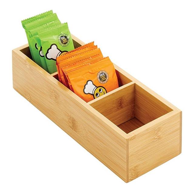 mDesign Slim Bamboo Wood Compact Food Storage Organizer Bin - 3 Divided Sections - Holder for Seasoning Packets, Pouches, Soups, Spices, Snacks - Natural