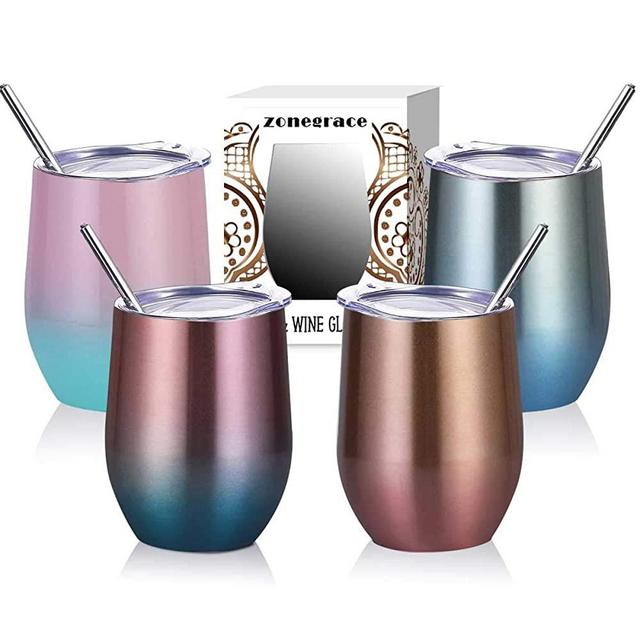 Zonegrace 4 pack 12 oz Stainless Steel Stemless assorted color Wine Glass Tumbler Double Wall Vacuum Insulated Muliti Color Wine Tumbler with Lids Set of 4 for Coffee, Wine, Cocktails, Ice Cream