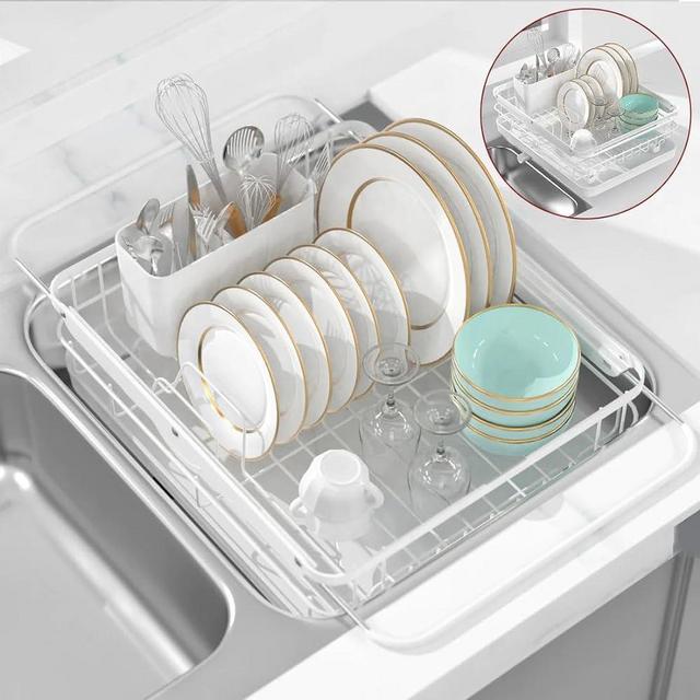 Sakugi Sink Drying Rack Expandable - Stainless Steel Dish Drying Rack with Drainboard Used on Kitchen Counter, Over Sink and in Sink, White