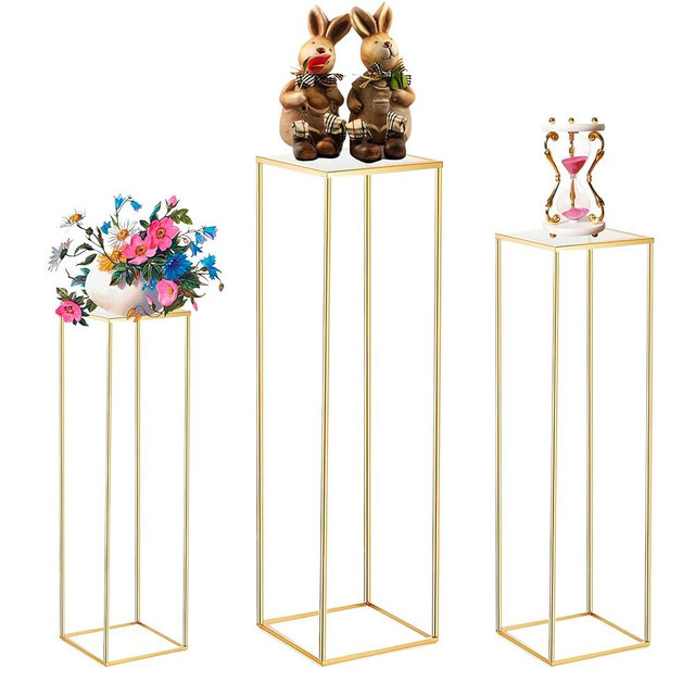 Latywen 3PCS Cylinder Pedestal Stands for Parties, Square Gold Metal Plant Cylinder Stands for Party Flowers, Display Columns Pedestal Stand Cylinder Tables for Vases Birthday Party Decorations